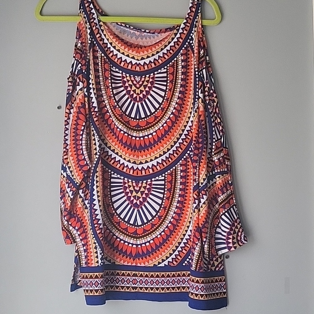 Avenue abstract print cold shoulder slinky knit top